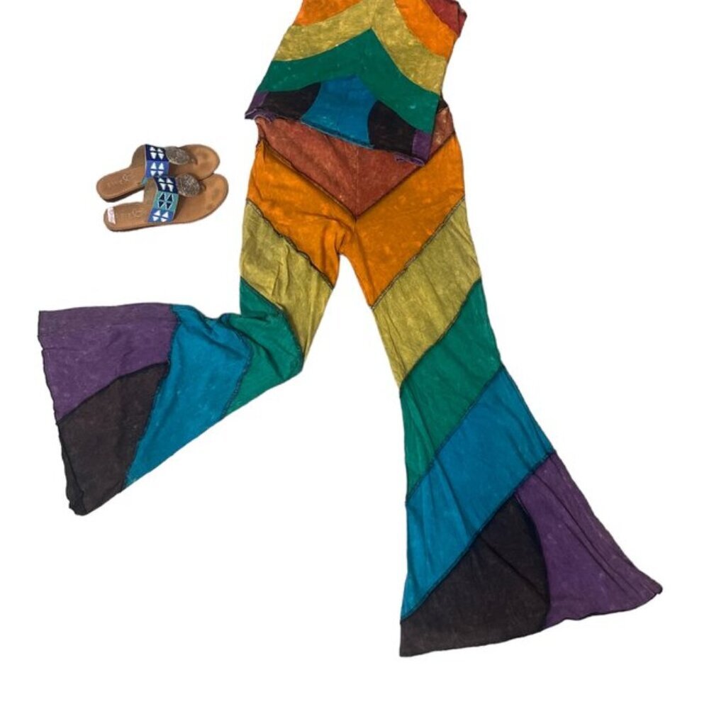 Jayli Rainbow Patchwork Flare Belbottom Pants NWT… - image 2